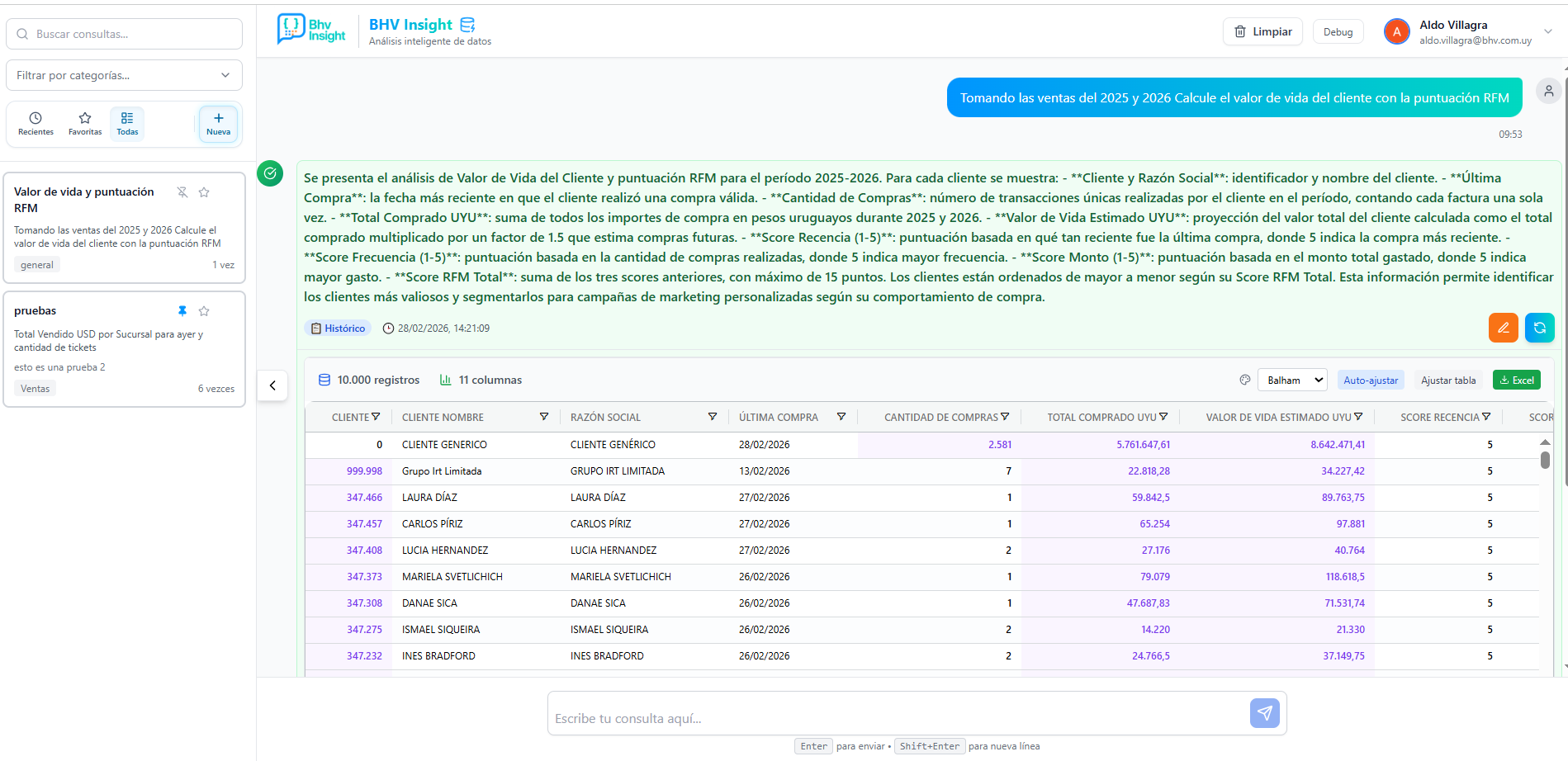 Interfaz de BHV Insight